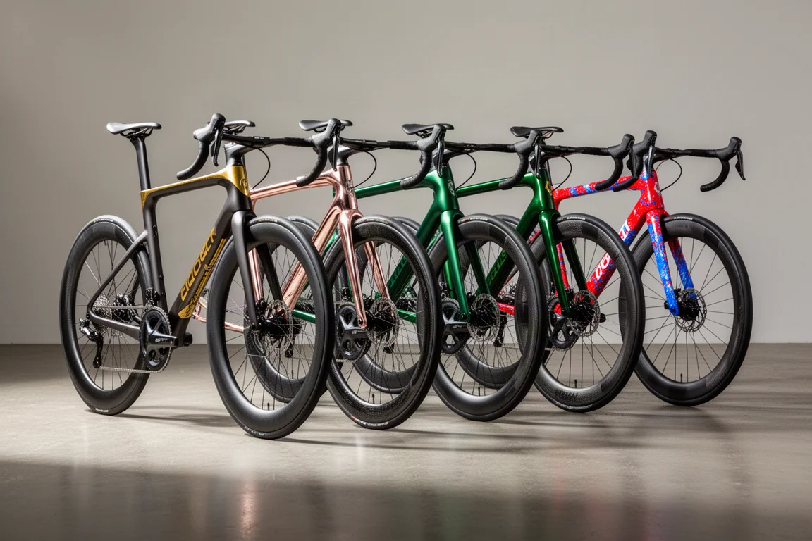 Four modern aero road race bikes in contrasting paint finishes on a concrete floor