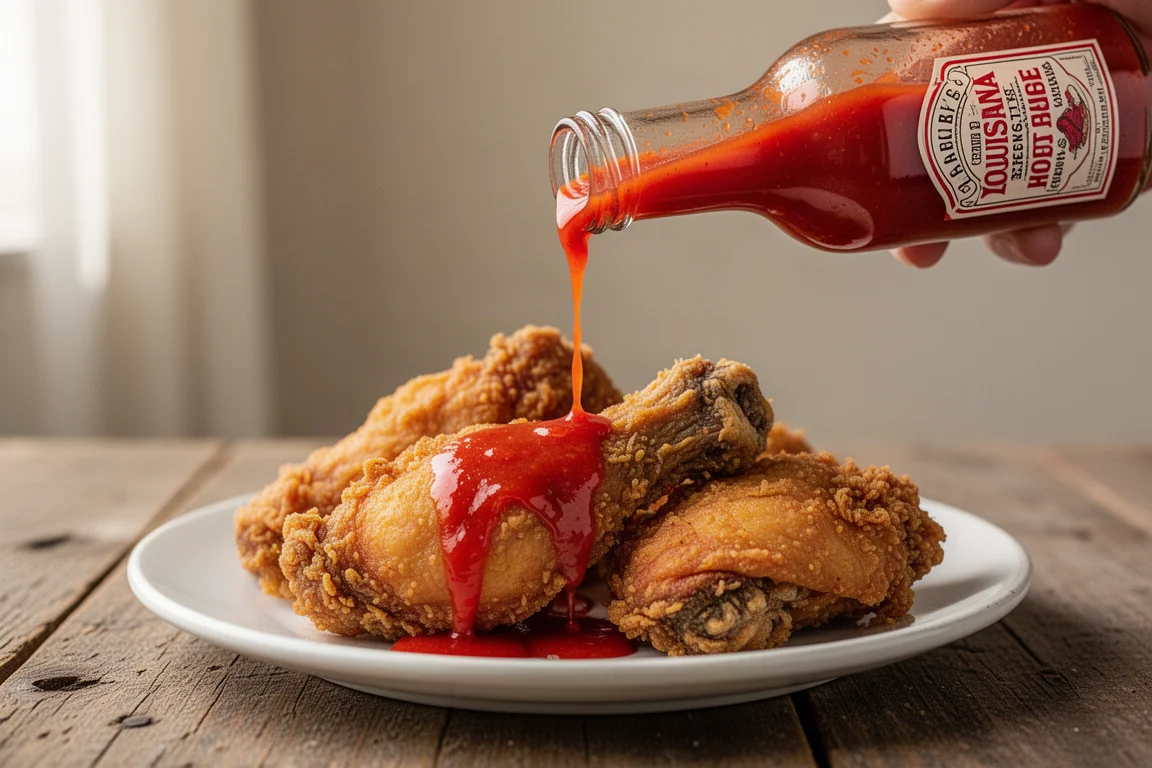 Pour of bright red cayenne hot sauce over a plate of fried food