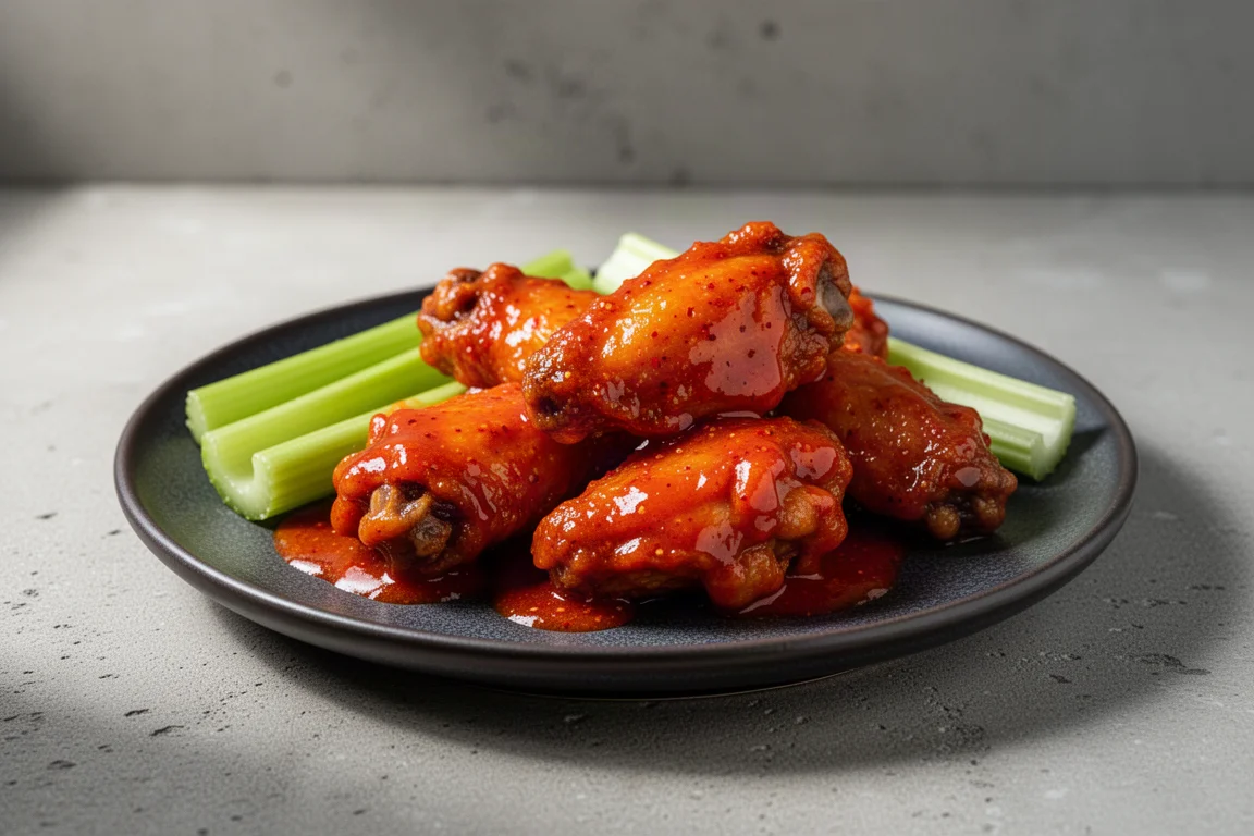 Buffalo wings coated in glossy red hot sauce on a serving plate