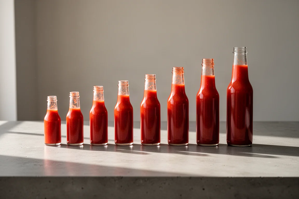 Line-up of hot sauce bottles arranged from mild to hot on a counter