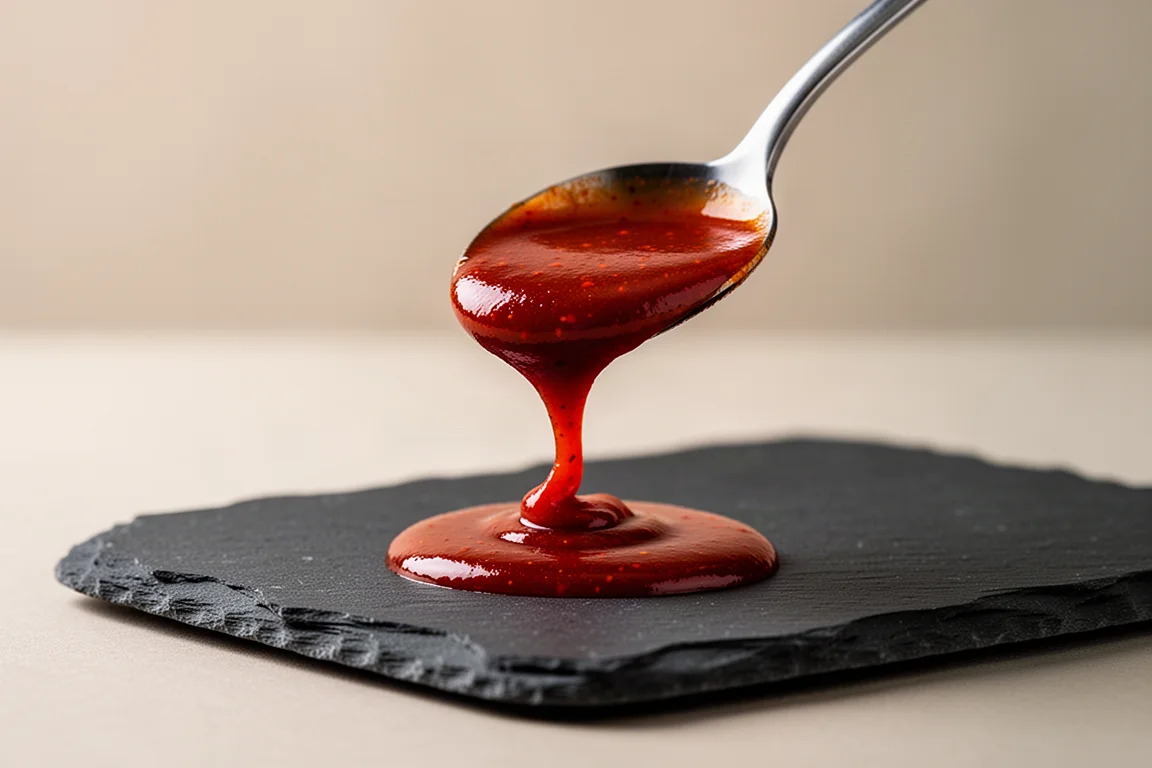 Thick dark red hot sauce coating a spoon over a tasting board