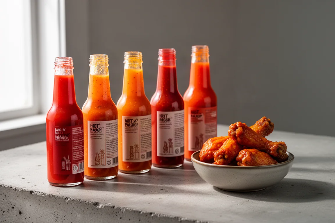 Row of red hot sauce bottles beside a bowl of Buffalo wings on concrete