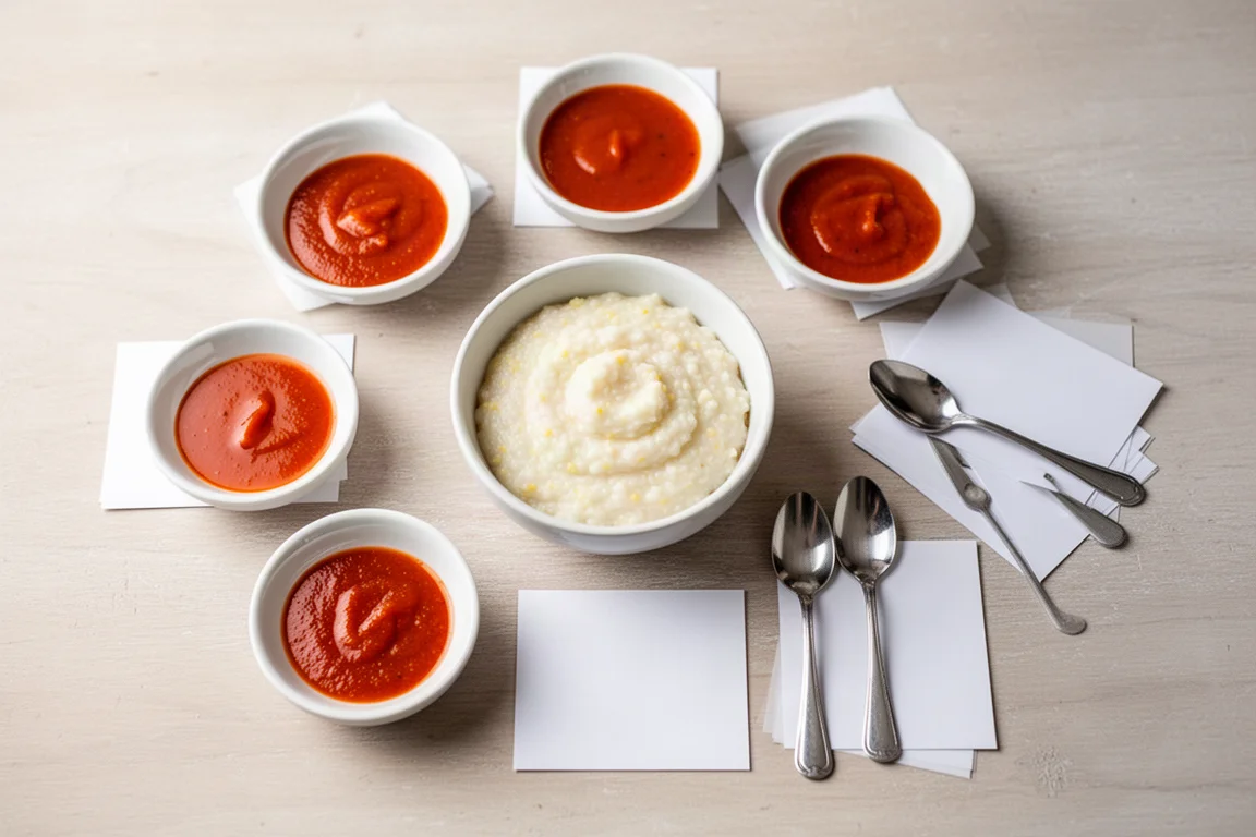 Allestimento della degustazione con piccole ciotole di salsa piccante e una ciotola di grits
