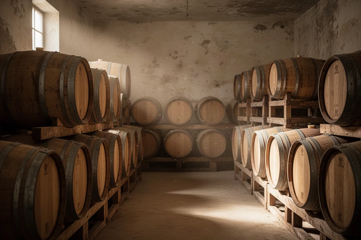 Cantina di affinamento in botti di rovere con luce calda e soffusa