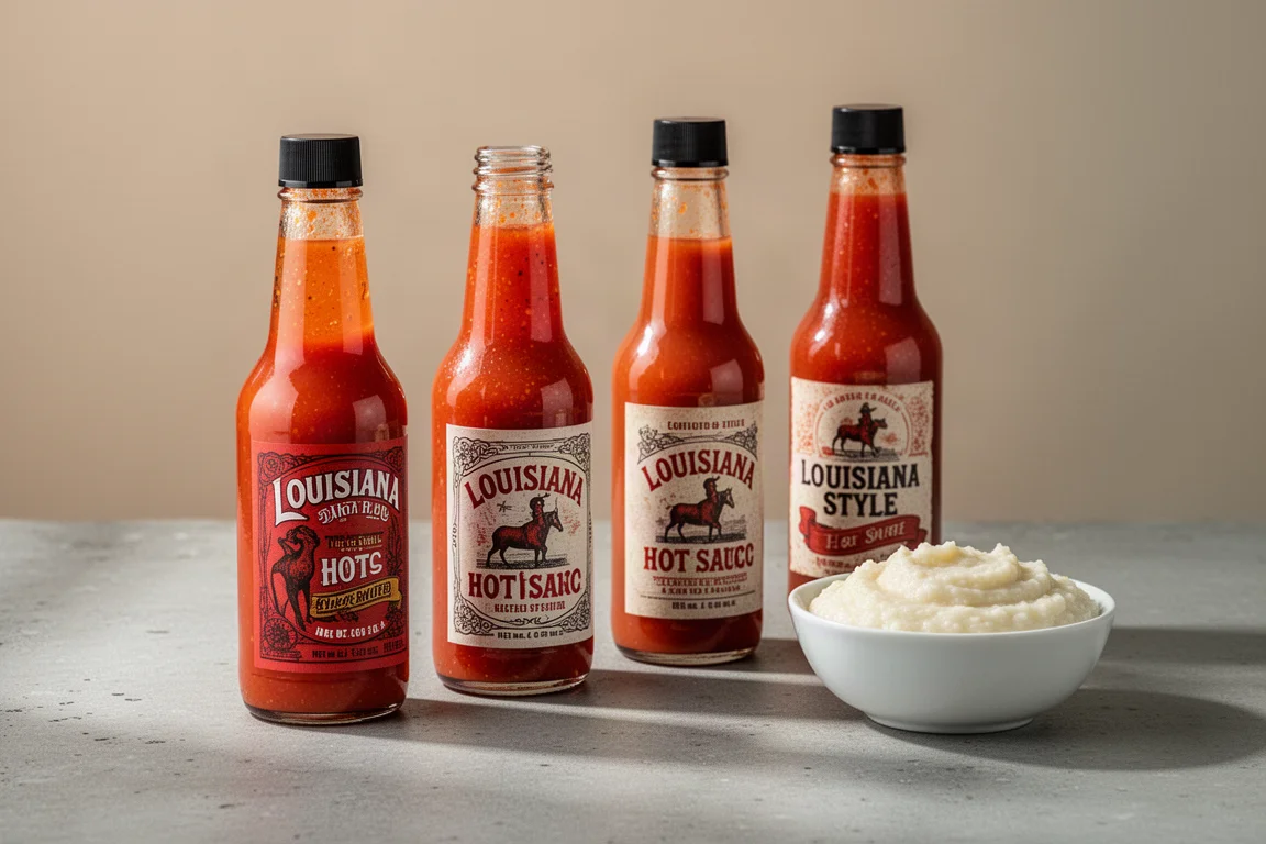 Four bottles of Louisiana-style hot sauce in a row beside a bowl of grits