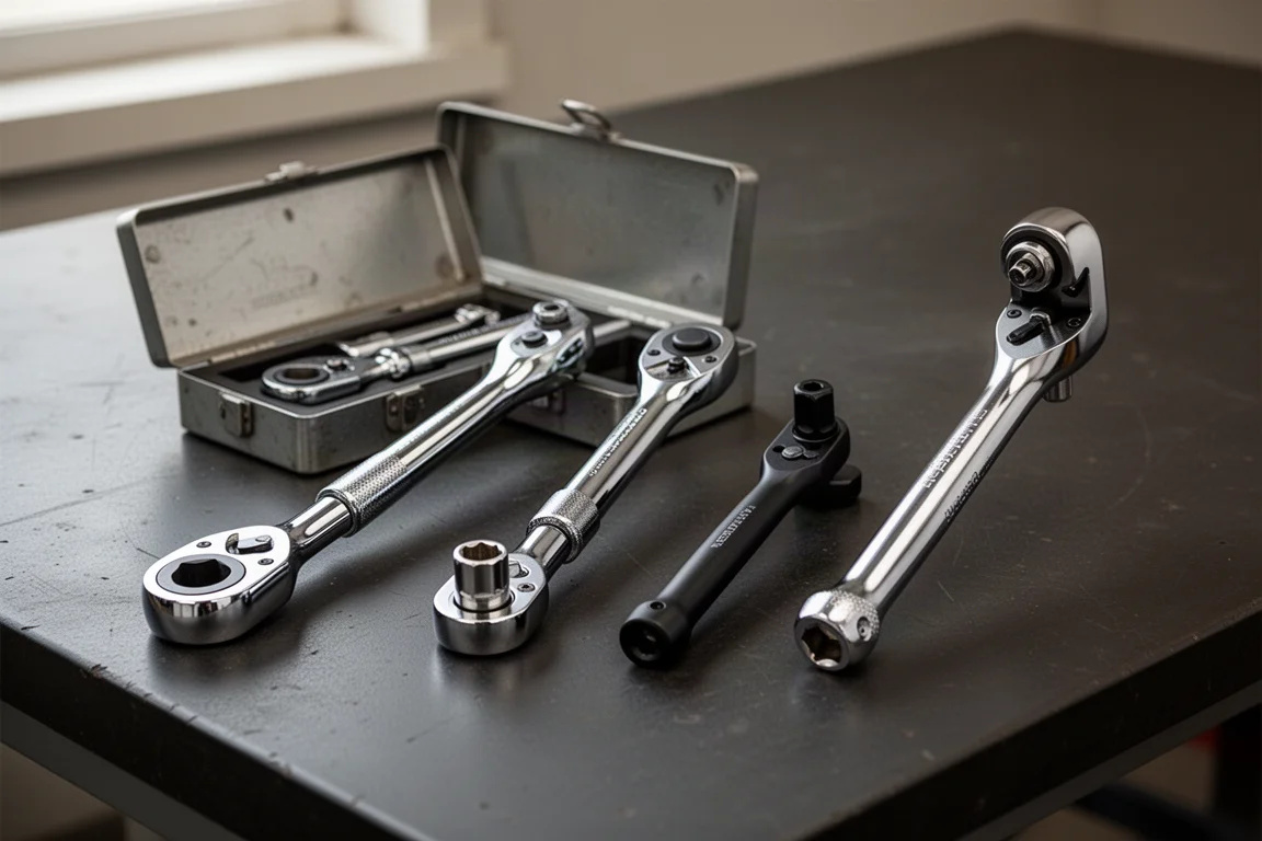Four compact low-clearance ratchets and socket sets arranged on a dark workbench