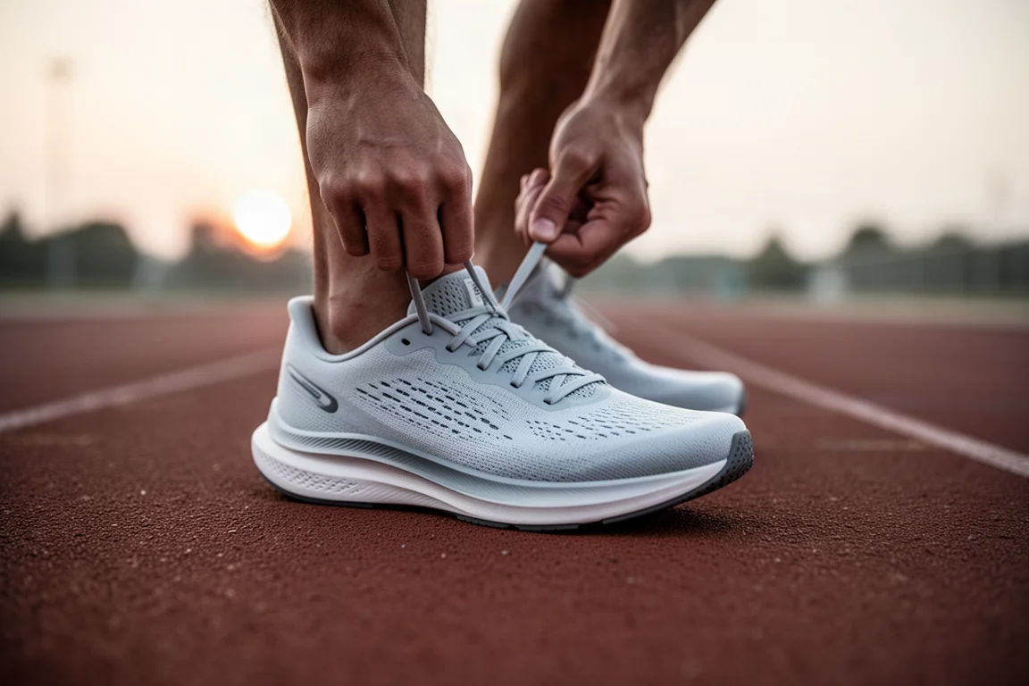 Runner tying laces on a low-profile performance trainer on a track