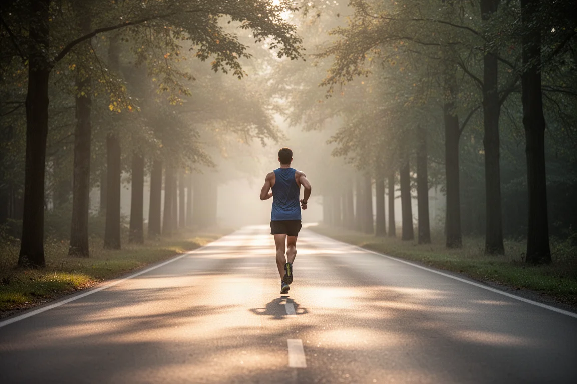 Runner on a long easy run on a quiet paved road in soft morning light