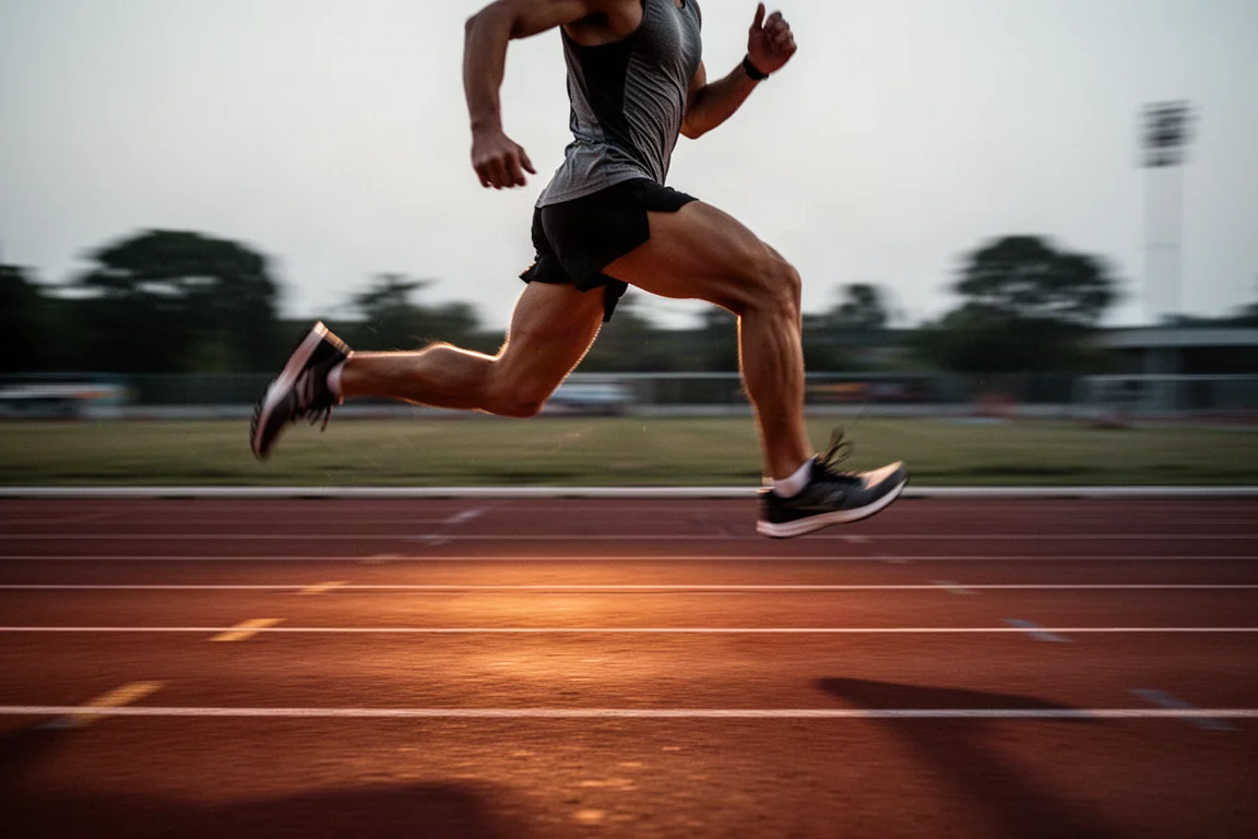 Runner striding through fast interval repetitions on a track at dusk