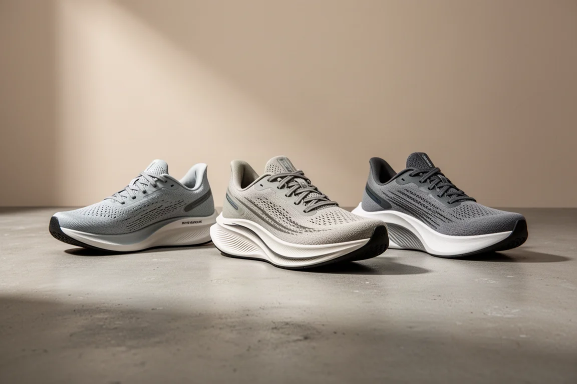 Three low-stack performance running shoes side by side on concrete