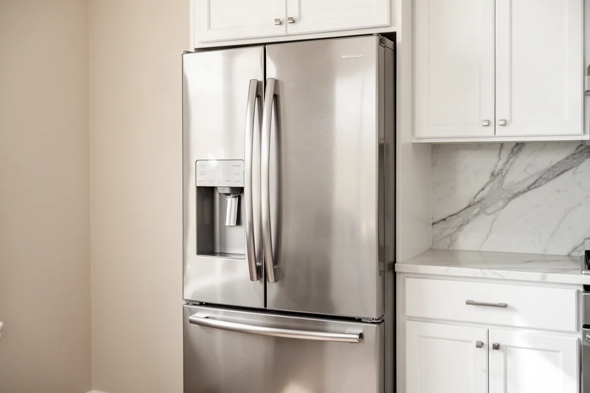 French-Door-Kühlschrank aus Edelstahl in einer hellen modernen Küche