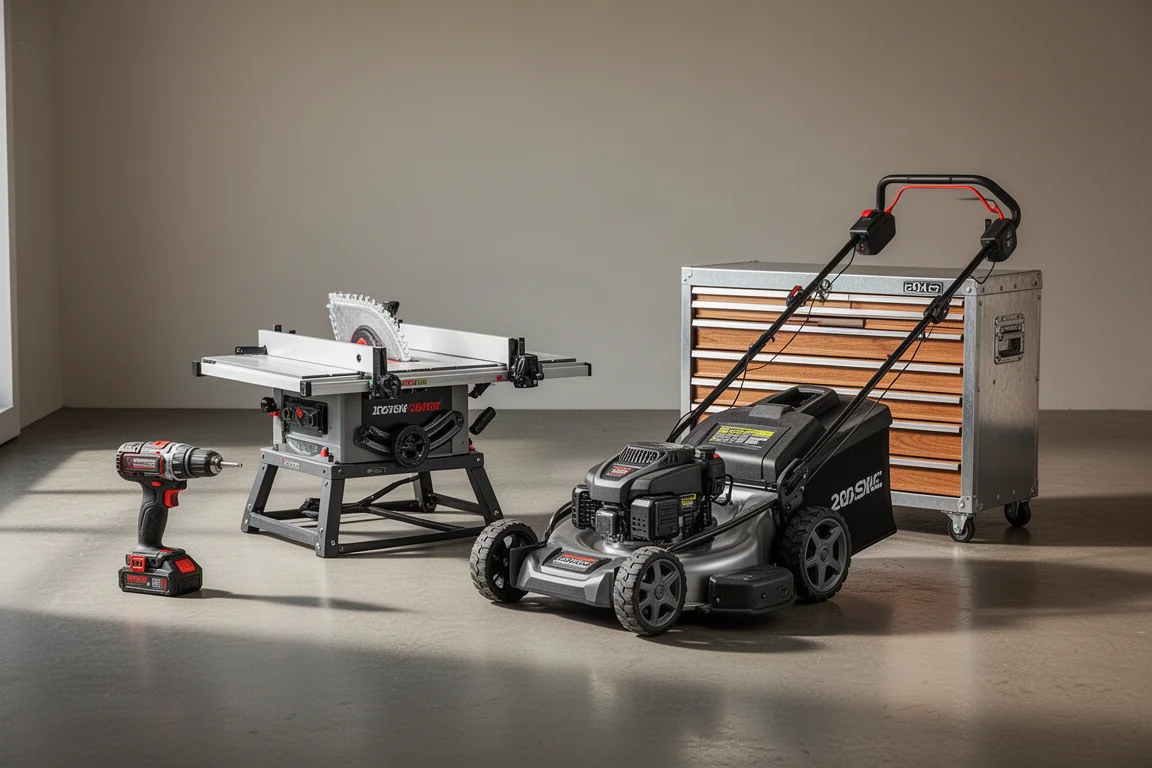 Assorted power tools, mower, and tool chest arranged on a concrete garage floor