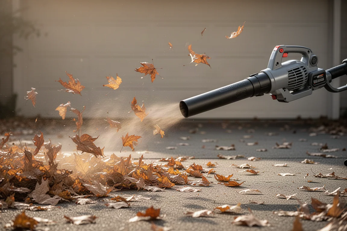 Soprador sem fio limpando folhas secas de uma calçada