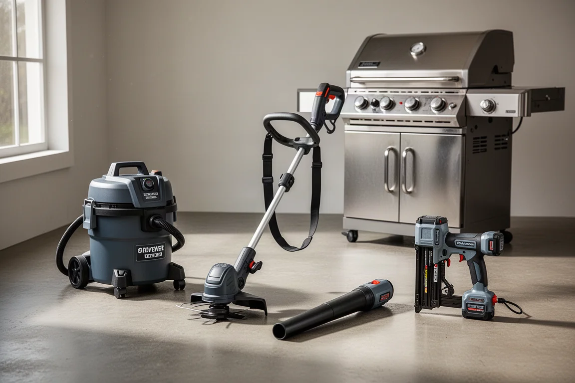 Workshop and backyard gear including a shop vac, trimmer, blower, nailer, and grill arranged on concrete
