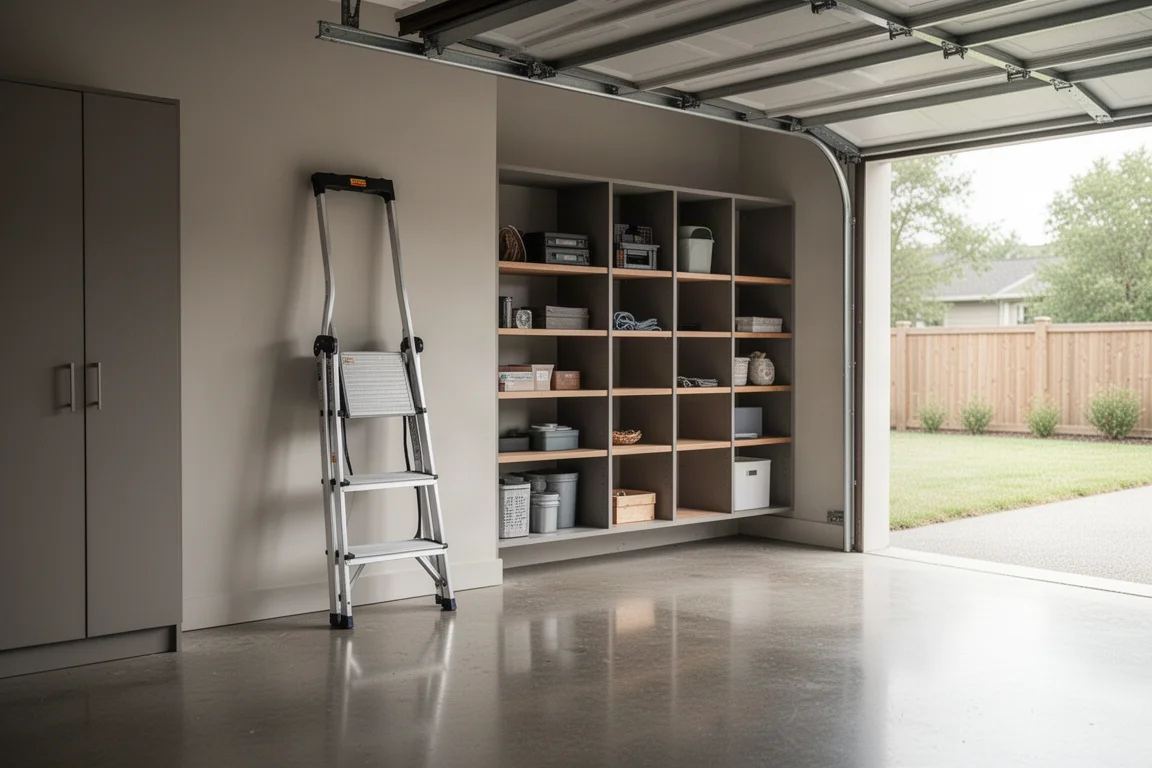 Interno di un garage con una scala compatta multiposizione accanto a scaffalature