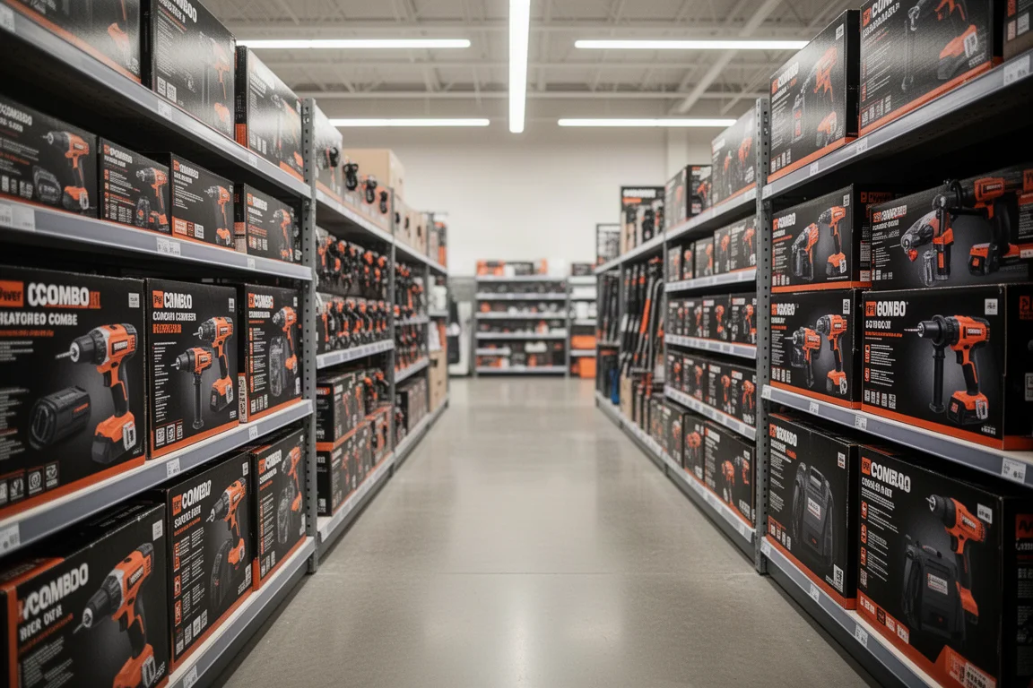家居裝修店電動工具通道的寬闊全景,貨架上堆疊著組合套裝包裝盒