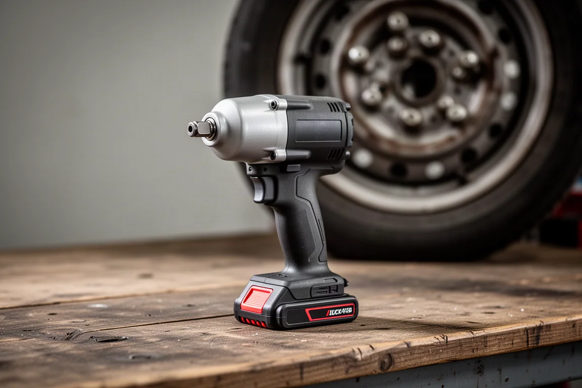 Llave de impacto inalámbrica apoyada en un banco de trabajo de madera de garaje junto a la rueda de un coche