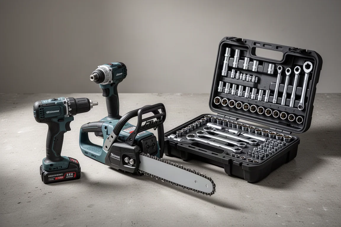 Assorted cordless power tools and an open tool case arranged on a concrete surface