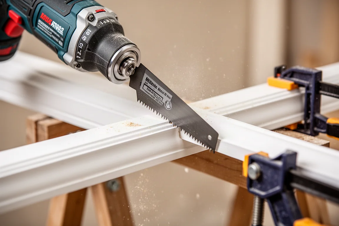 Multitool oscilante cortando una pieza de moldura sujeta a un banco