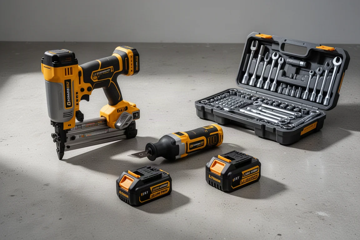 Cordless nailer, oscillating multi-tool, batteries, and tool case arranged on concrete floor
