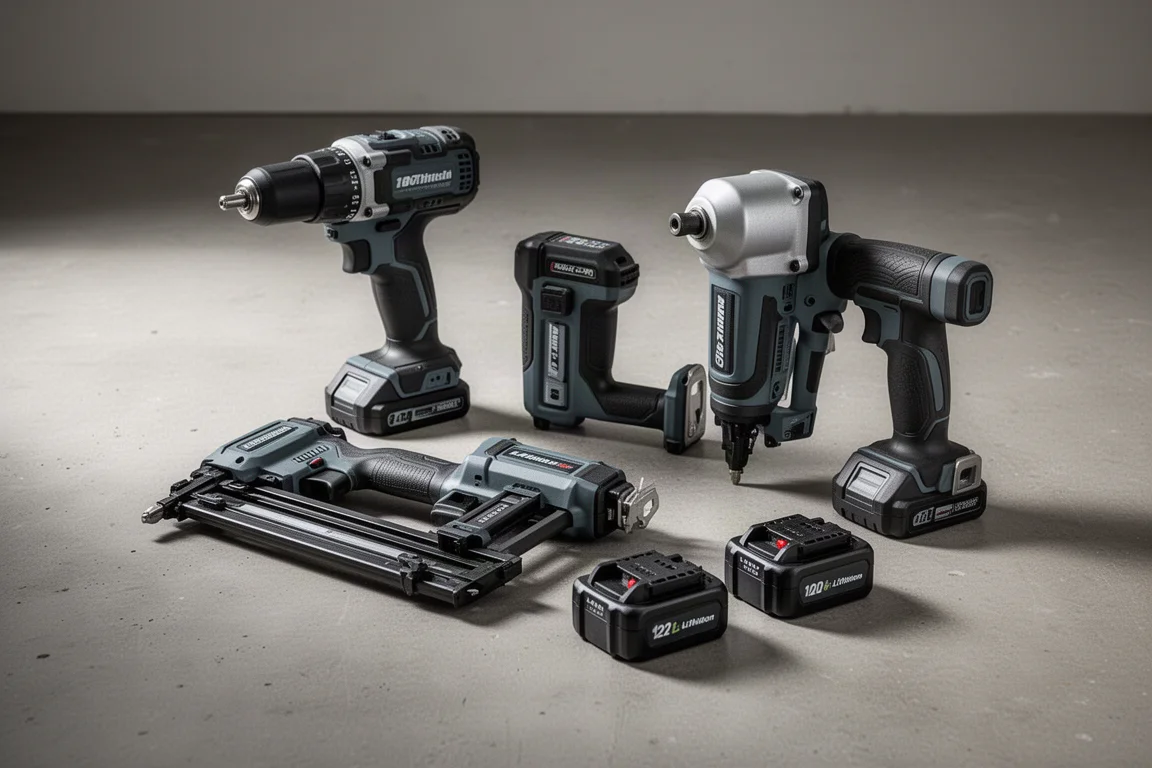 Assortment of cordless power tools arranged on a concrete workshop floor