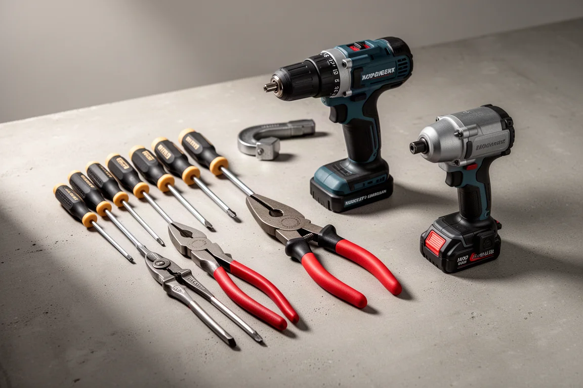 Assorted hand tools and cordless power tools arranged on a concrete surface