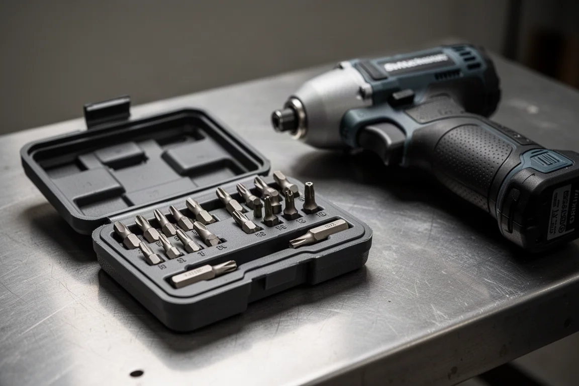 Nahaufnahme eines Schrauber-Bit-Sets mit Bits in kompakter Box