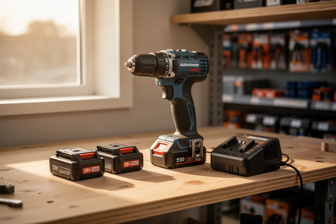 Cordless drill starter kit with batteries on a workshop shelf