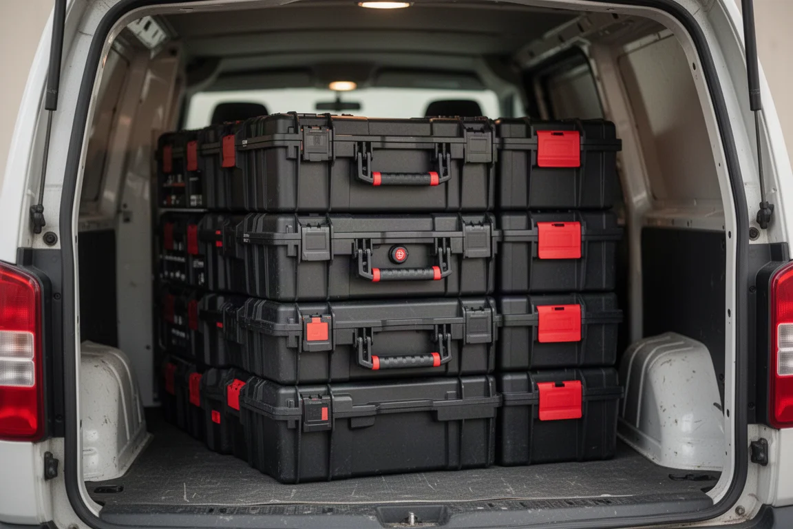 Modular stacking tool cases loaded in the back of a work van