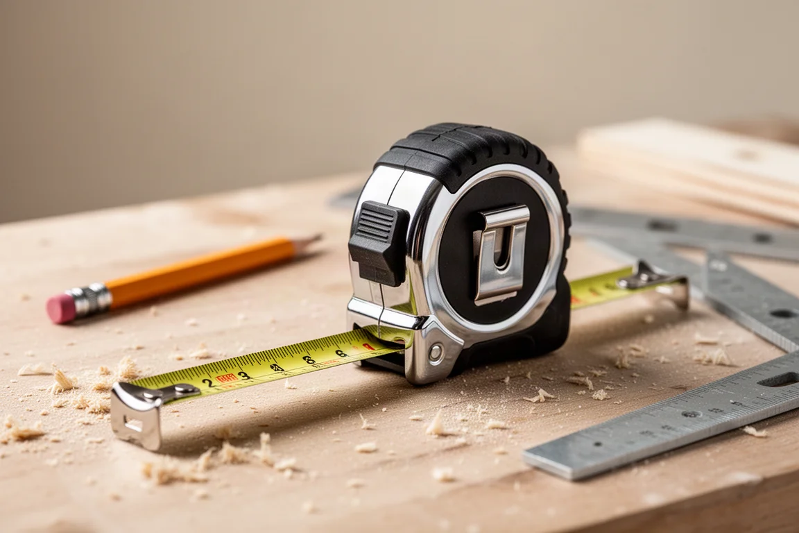 Tape measure extended across a workbench in warm workshop light