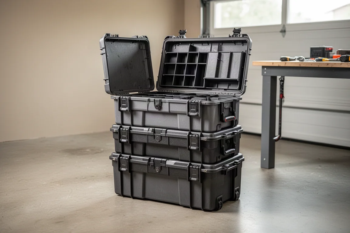 Modular tool box cases stacked on a garage floor beside a workbench