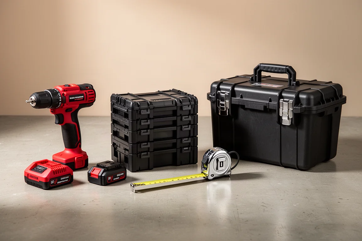 Drill starter kit, modular tool storage cases, tape measure, and hard tool box arranged on concrete