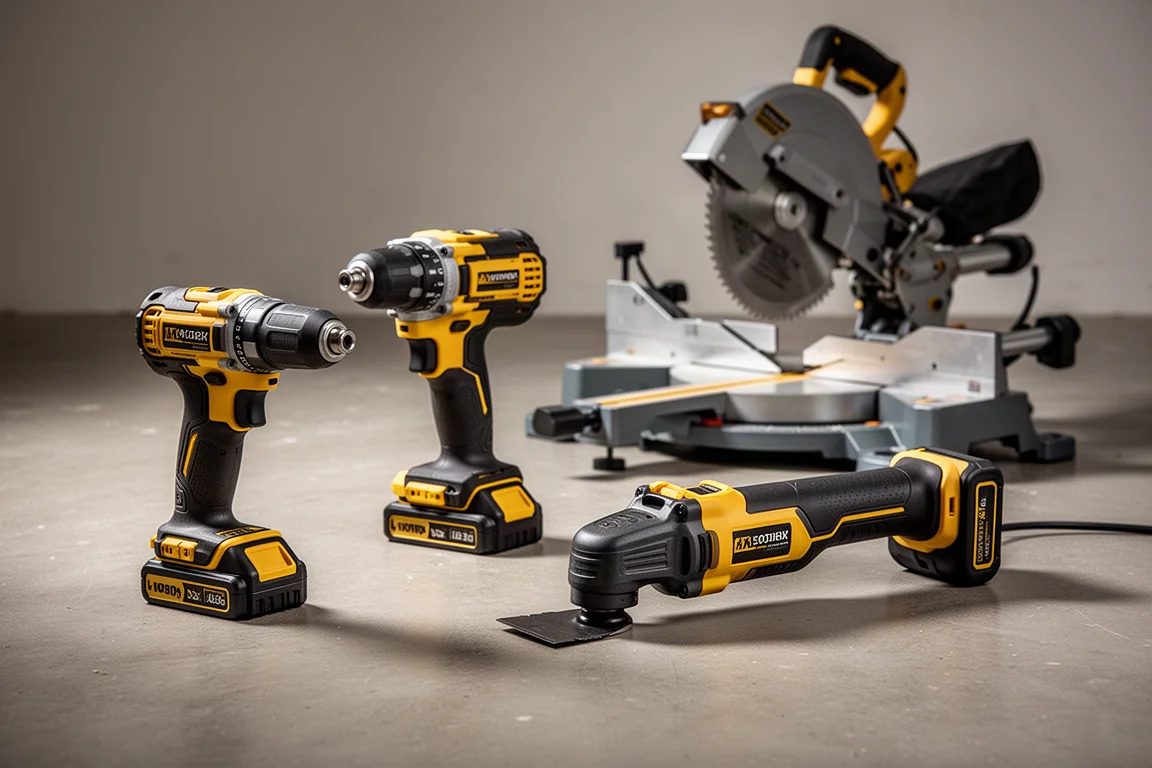 Assortment of cordless power tools including a drill, impact driver and miter saw on concrete