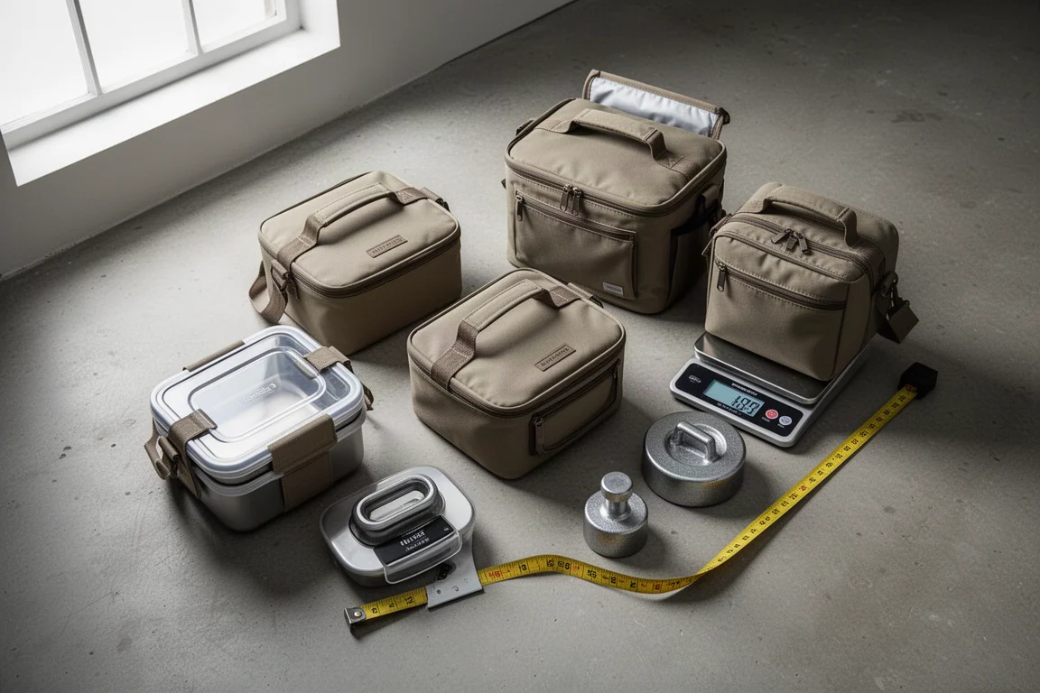 Lunch boxes arranged on a workshop table with test weights and measuring tools