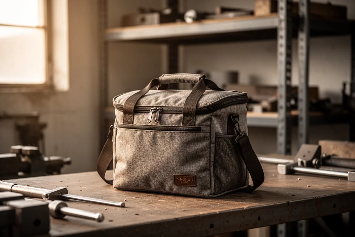 Worker in a workshop setting reaching for a rugged insulated lunch cooler