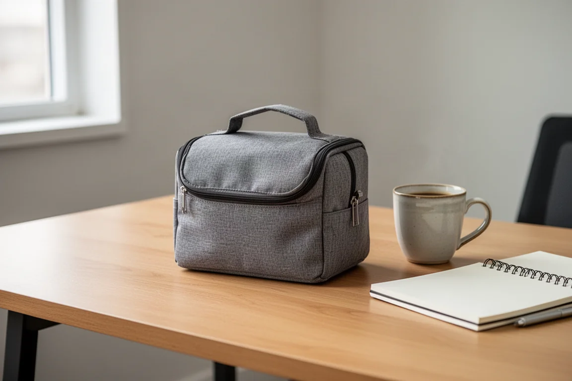 Compact lunch bag on an office desk next to a coffee cup