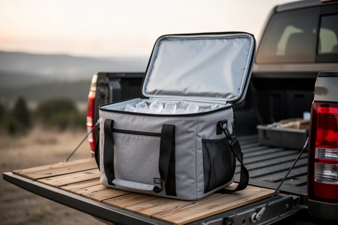 Premium soft cooler on a truck tailgate with ice and drinks visible