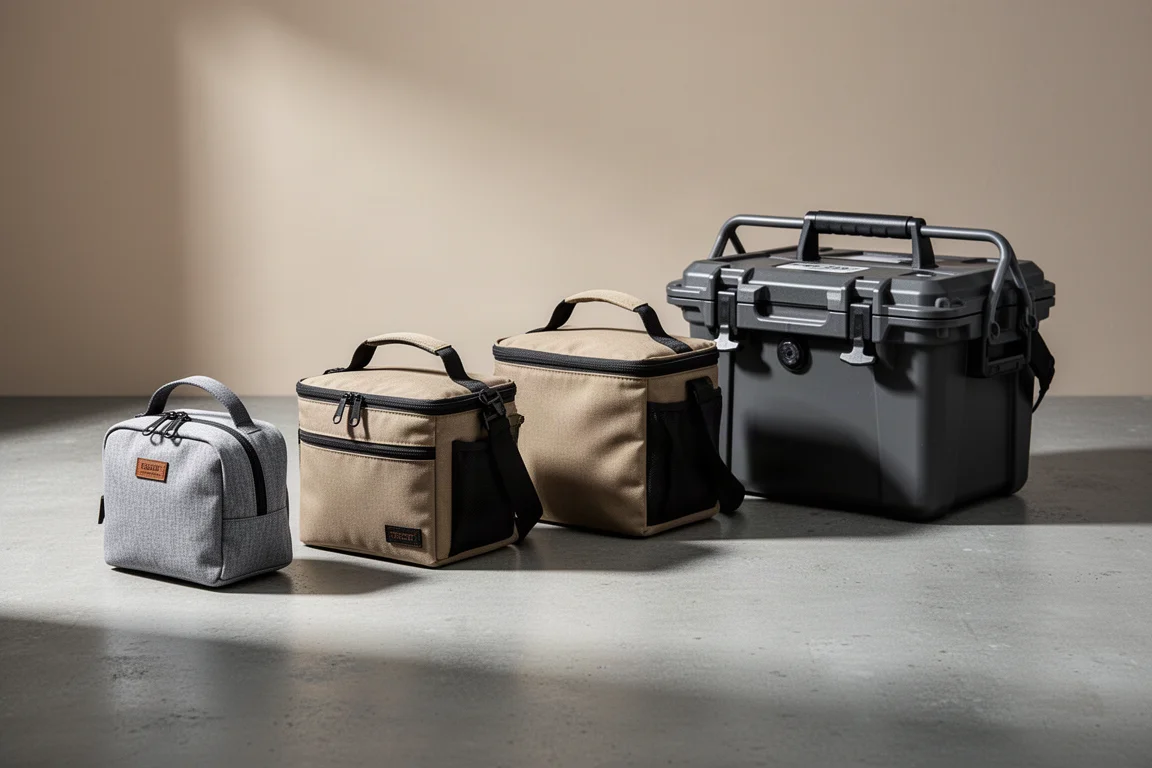 Lineup of insulated lunch boxes and soft coolers on a concrete surface