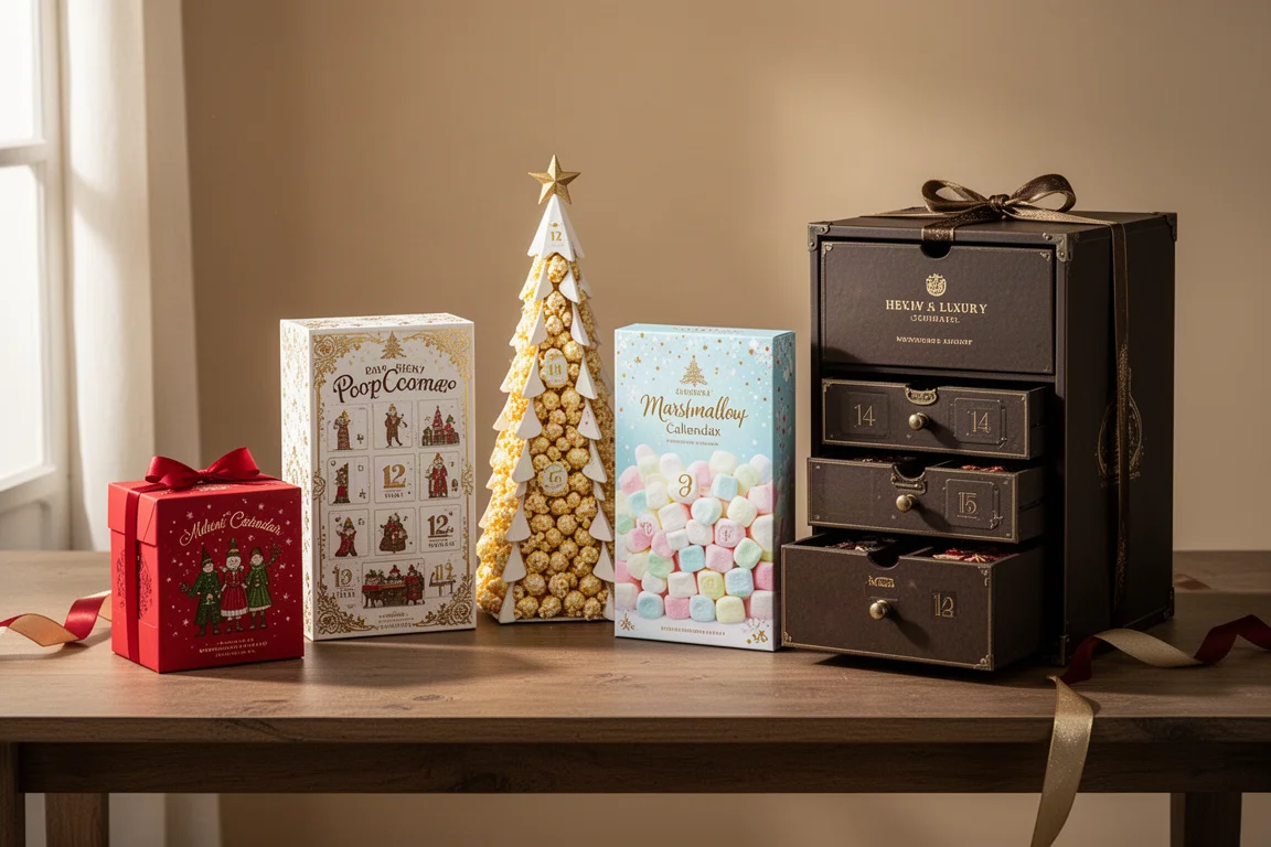 Five festive dessert Advent calendar boxes arranged on a wooden table