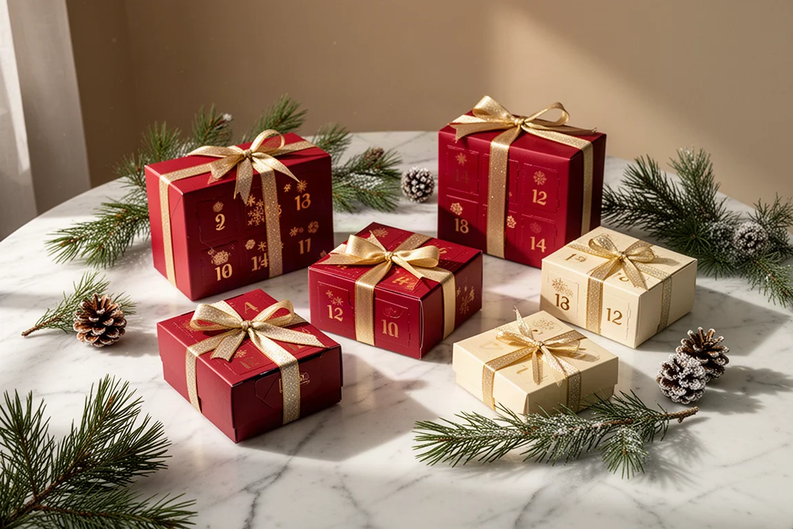 Mesa festiva con cajas de calendario de adviento envueltas y decoraciones navideñas