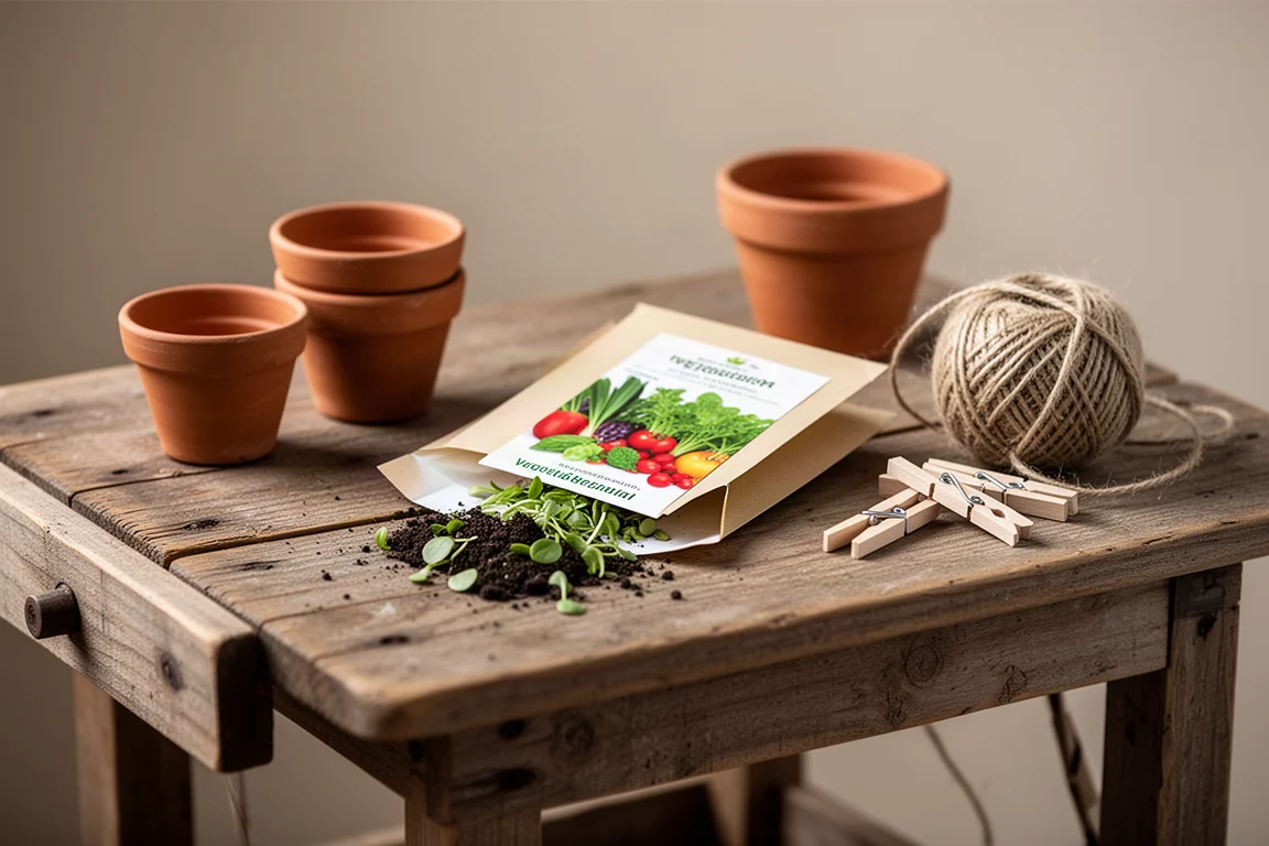 Manos ordenando coloridos sobres de semillas de verduras sobre una mesa de madera