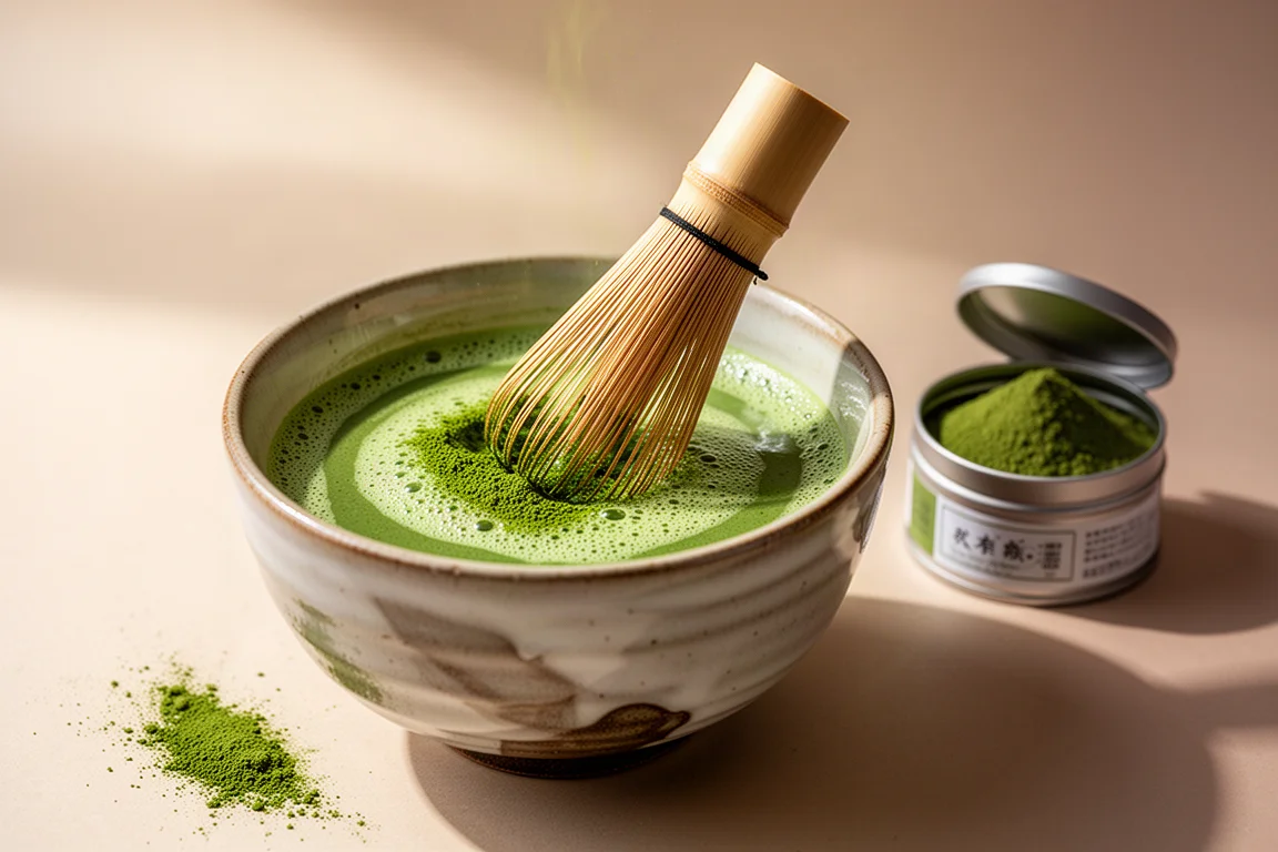 Té matcha batiéndose en un cuenco con un batidor de bambú sobre una encimera luminosa