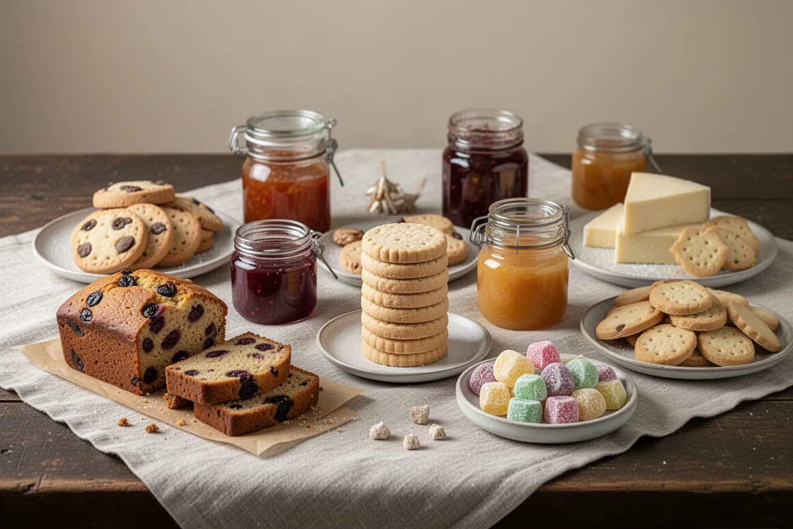 Mesa festiva para compartir con tartas, galletas y conservas navideñas