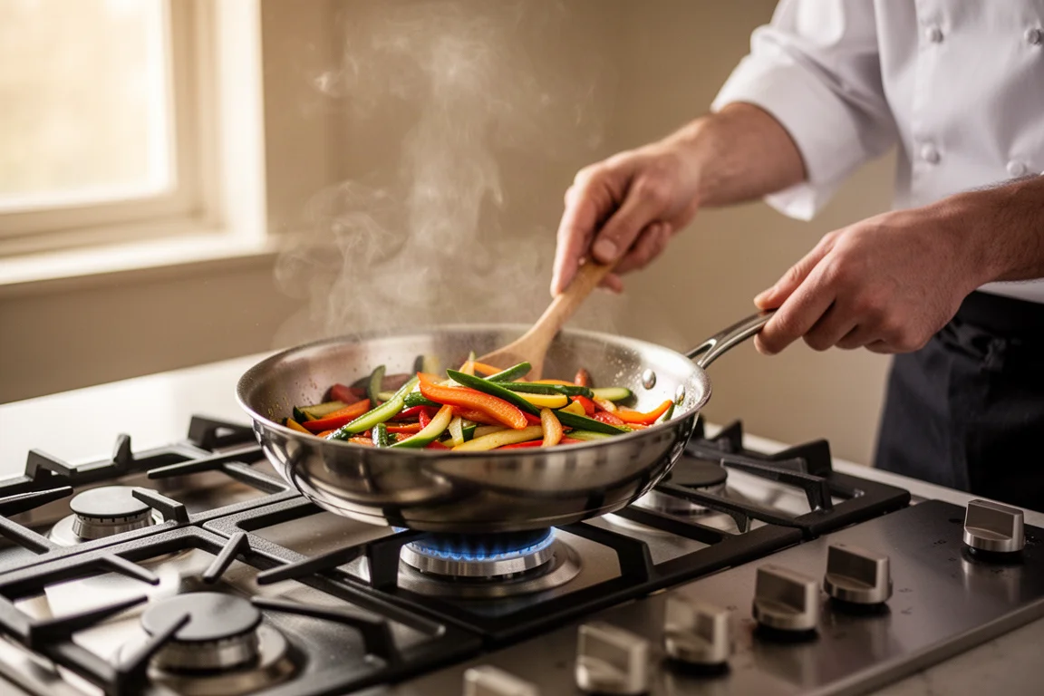 Uno chef che rosola verdure in una padella in acciaio inox su un piano cottura moderno