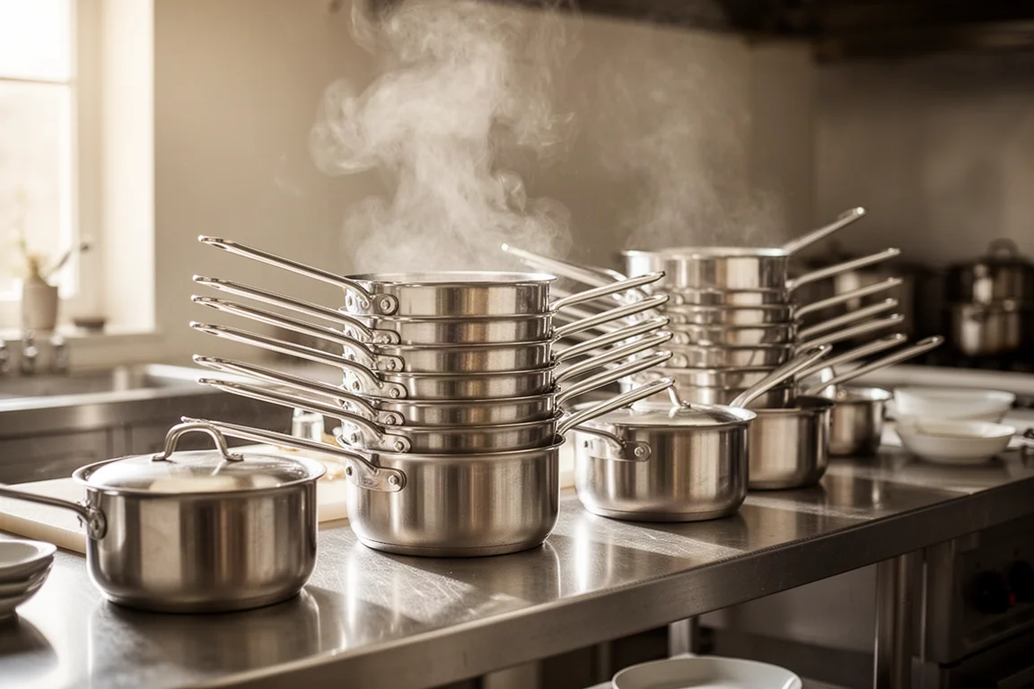 Cucina professionale con padelle in acciaio inox impilate e chef al lavoro
