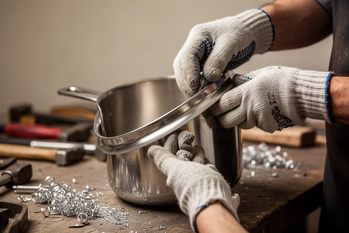 Un artigiano che rifinisce a mano una padella in acciaio inox in un laboratorio