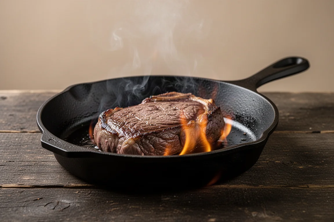 Padella di ghisa nera che rosola una bistecca su una fiamma rustica
