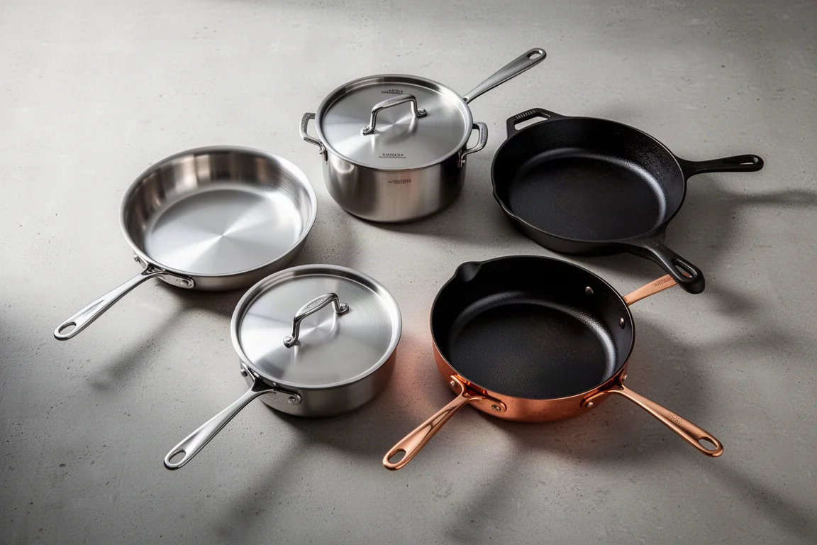 Assortment of stainless steel, copper, and cast iron cookware arranged on a concrete surface