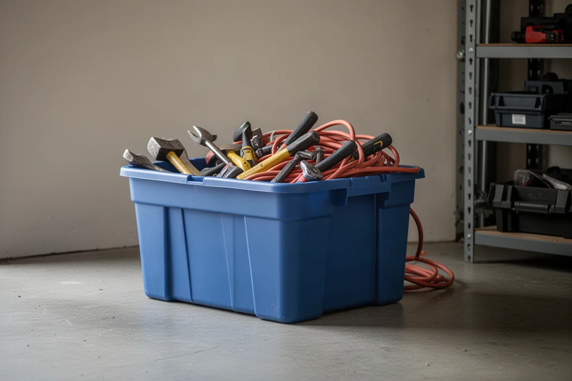 ガレージで工具を詰め込まれた青いプラスチック製収納ボックス