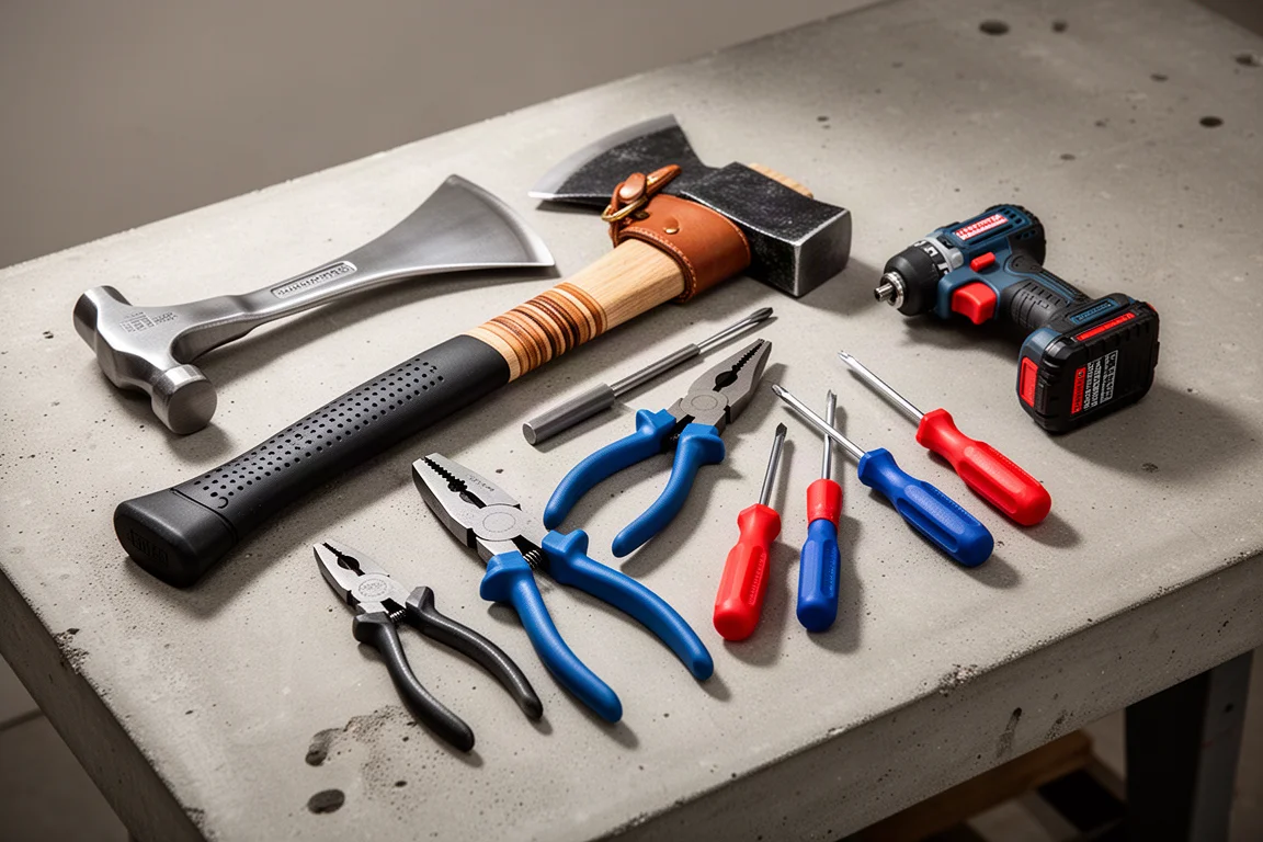 Assorted American-made hand tools arranged on a concrete workbench